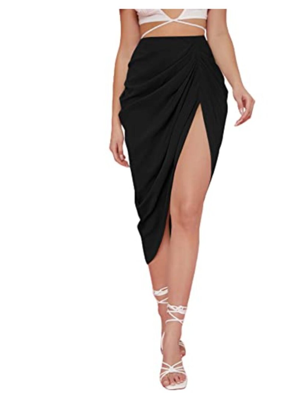 Women's High Waist Satin Bodycon Midi Skirt with Side Split and Back Zip,